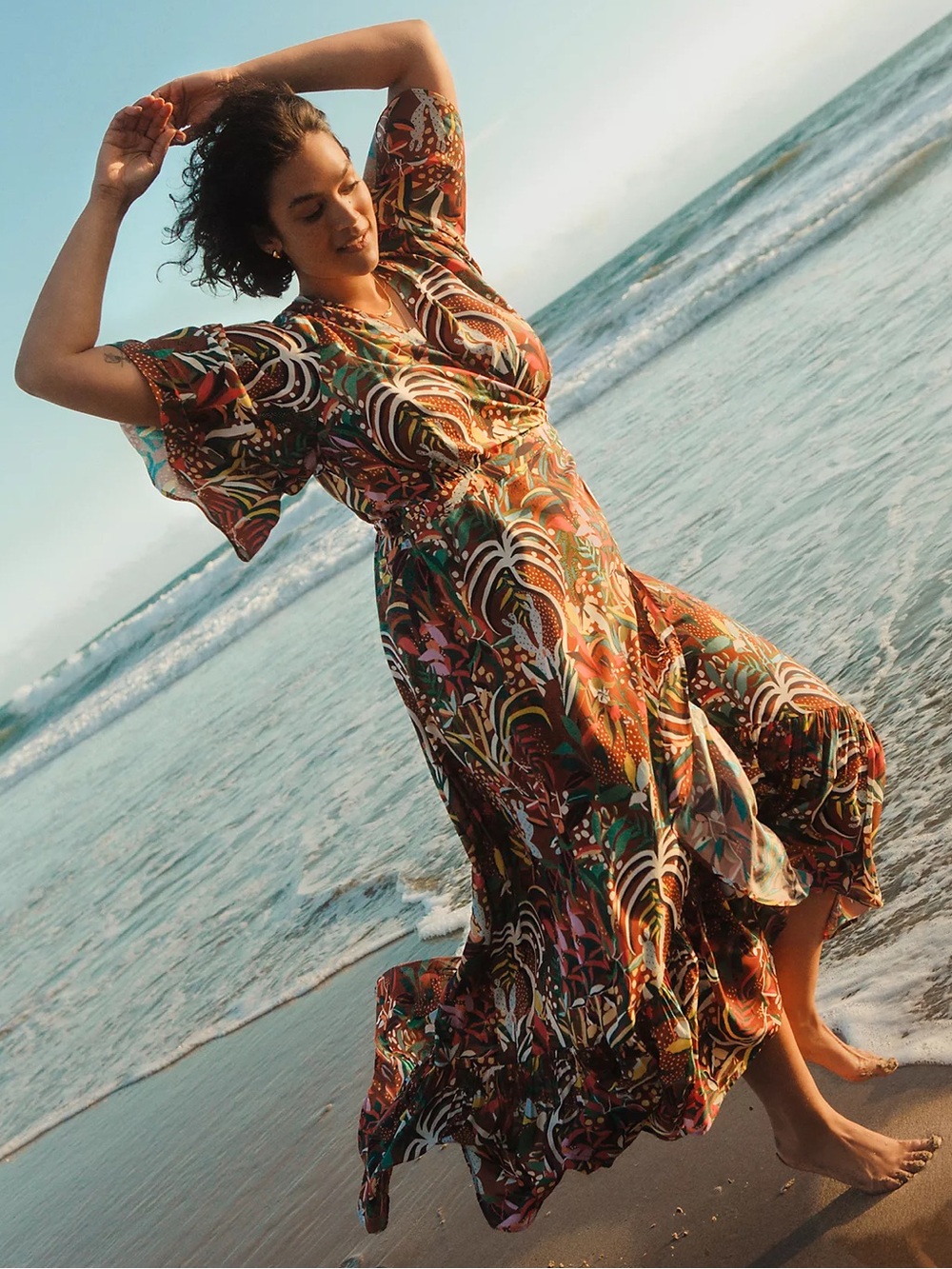 NWT Farm Rio Fiesta Wrap Maxi Dress Boho Ruffle Jungle Animal Red Brown S Small - Picture 5 of 8